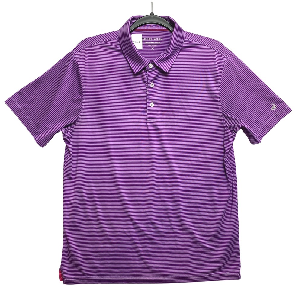 Michel Rouen Polo Shirt Mens Medium Purple Striped Short Sleeve Golf Performance